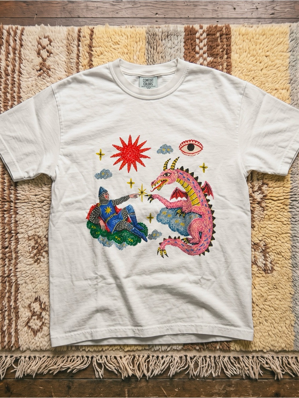 Comfort Colors White Kids Graphic Tee with Pink Dragon and Knight